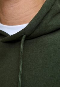Dark green hoodie with a textured fabric, featuring a drawstring at the neck, smooth interior, and a white collar underneath.