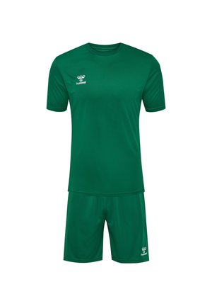Green athletic uniform set featuring a short-sleeve shirt and matching shorts, made of smooth fabric with a logo on the shirt.