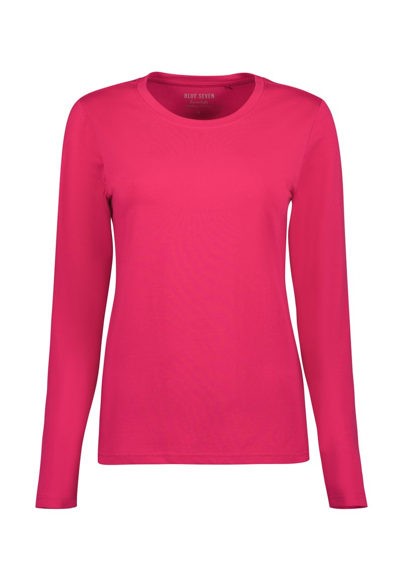 Langärmliges Shirt in leuchtendem Pink, mit rundem Ausschnitt und einem glatten, leichten Stoff sowie einem schlichten, taillierten Design.