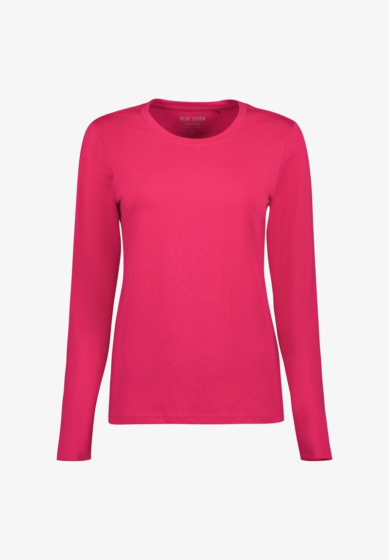 Pitkähihaista paita kirkkaan vaaleanpunaisena, jossa on pyöreä kaula-aukko ja sileä, kevyt kangas yksinkertaisella, vartalonmyötäisellä muotoilulla.