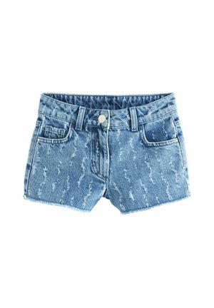 Ljusblå denimshorts med en sliten finish, som har midjeband, framfickor och fransad fåll.