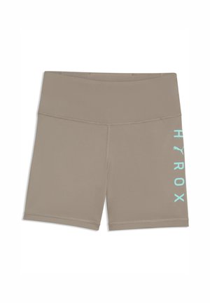 Taupefarvede atletikshorts med høj talje og lyseblå "HROX" tekst lodret på højre ben.