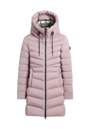 Svetlofialový dlhý zimný prešívaný kabát s kapucňou, čiernym zipsom, šnúrkami na stiahnutie a prešívaným vzorom chevron, zobrazený na bielom pozadí.