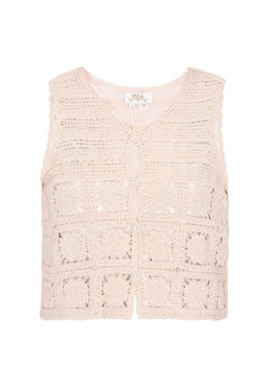 Háčkovaná vesta v béžové barvě s výstřihem do V, s knoflíkovými uzávěry a složitými květinovými vzory. Texturovaný, lehký design, bez rukávů.
