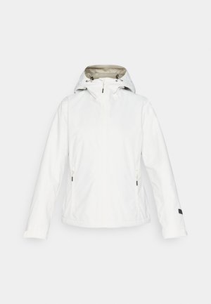 Giacca bianca con cappuccio, chiusura frontale con zip e due tasche laterali con zip, esposta su uno sfondo uniforme.