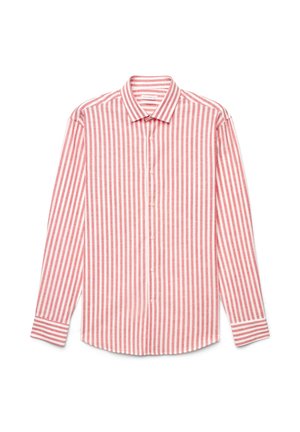 Herren-Langarmhemd mit roten und weißen vertikalen Streifen und spitzem Kragen, flach auf einem weißen Hintergrund liegend.