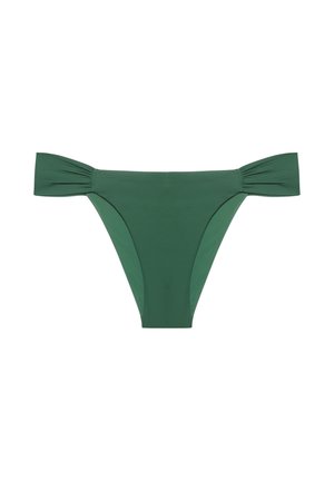 Green bikini bottom with ruched sides and a smooth, seamless front panel on a white background.