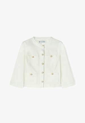 Witte lange mouw jas met ronde halslijn, knoopsluiting aan de voorkant en vier zakken aan de voorkant, elk beveiligd met een knoop.