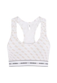 Hvid bralette med et helover logo-mønster i guld. Racerback-design med et sort elastisk bånd mærket "GUESS". Blødt, strækbart stof.