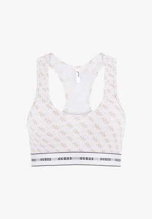 Balts bralets ar visaptverošu zelta logo rakstu. Racerback dizains ar melnu elastīgu joslu, kurā ir uzraksts "GUESS". Mīksta, elastīga audums.