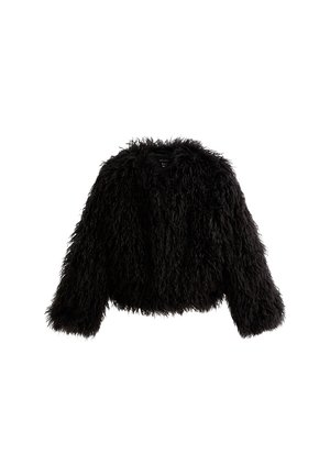 Black faux fur jacket with a shaggy texture, cropped design, long sleeves, and a round neckline. No fasteners or embellishments visible.