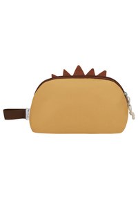 Bolsita de tela amarilla con una textura suave, forma redondeada, cremallera marrón y cinco picos triangulares en la parte superior. Incluye un asa lateral.