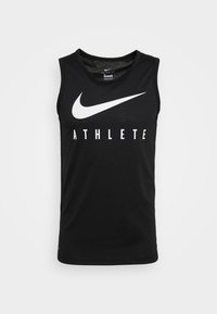 Czarny, bezrękawnik sportowy wykonany z bawełny, ozdobiony dużym białym logotypem Nike oraz słowem "ATHLETE" napisanym pogrubionymi białymi literami.