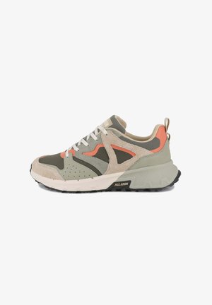 Men's sneakers featuring a mix of olive green and beige suede, with coral accents, white laces, a textured grey midsole, and a black outsole.