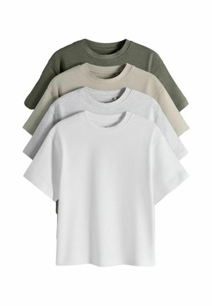 Fire ensfarvede, kortærmede T-shirts med rund hals lagt lag på lag, farverne forfra og bagud: hvid, lysegrå, beige og olivengrøn.