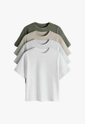 Vier schlichte T-Shirts mit kurzen Ärmeln und Rundhalsausschnitt, übereinander gelegt, Farben von vorne nach hinten: weiß, hellgrau, beige und olivgrün.
