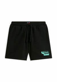 Zwarte sweatshorts van zacht materiaal met een elastische tailleband en trekkoord. Heeft een turquoise 'TOMMY JEANS' logo op het linkerbeen.