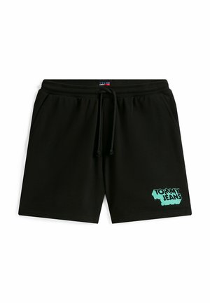 Pantalones cortos de sudor negros hechos de un tejido suave, con una cintura elástica y cordón. Presenta un logo turquesa de "TOMMY JEANS" en la pierna izquierda.