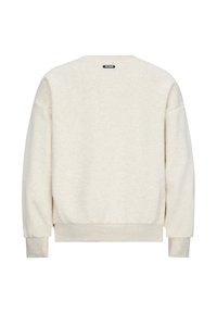 Felpa beige chiaro con vestibilità ampia, scollatura rotonda, polsini e orlo a coste, texture morbida e un piccolo logo nero sul retro.