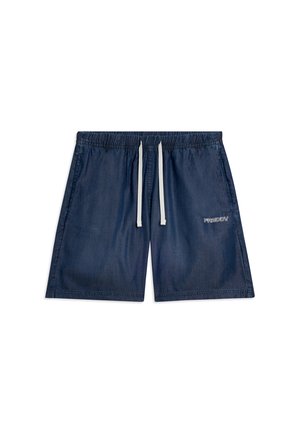 Pantalones cortos casuales azul marino con cintura elástica, cordón blanco, bolsillos laterales y pequeño logo "FREDDY" en la pierna derecha.