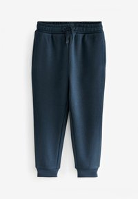 Marina blå joggerbyxor i mjukt tyg, med elastiska midjeband och dragsko, sidofickor och smalnande muddar.