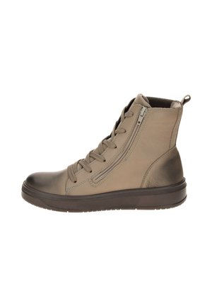 High-top taupe leather sneaker with side zipper, lace-up front, and dark rubber sole, shown from the outer side.