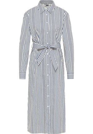 Striped shirt dress in white and navy, featuring a collar, long sleeves, a belted waist, and button closure from neck to hem.