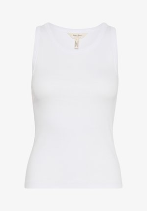 Valge ilma varrukateta top, mis on valmistatud siledast ja elastseks kangast. Omab ümarat kaelust ning keha lähedast, mugavat kujundust.