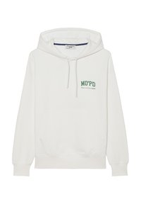 Sudadera blanca de tejido suave, con un bolsillo frontal, capucha con cordón y un logo verde "MO'PD" en el pecho.