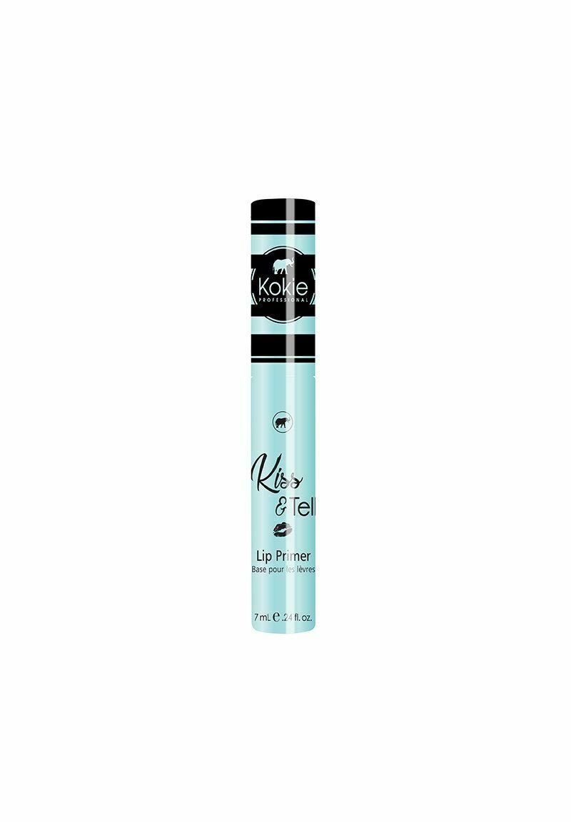 Kokie Professional Kissez & Tell Lip Primer i en ljusblå tub med svarta accenter, 7 mL, med en elegant design och tydlig märkning.