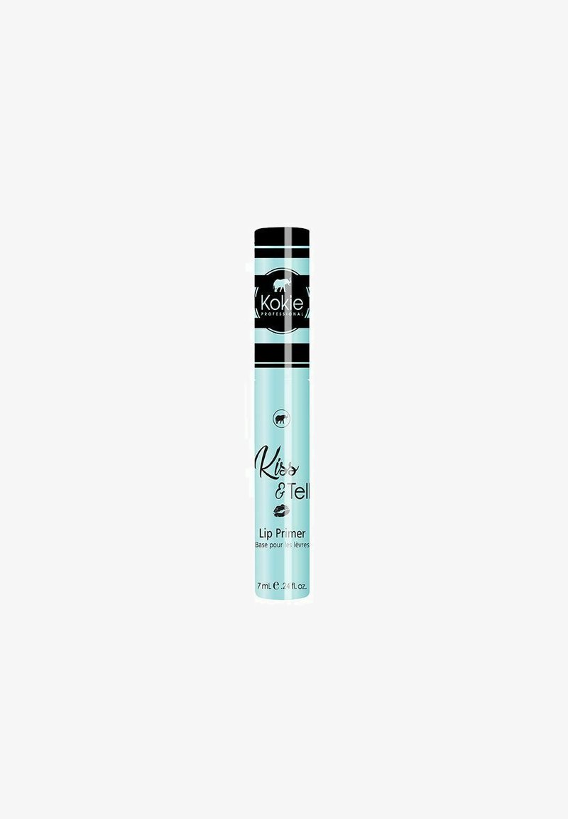 Kokie Professional Kissez & Tell Lip Primer i en ljusblå tub med svarta accenter, 7 mL, med en elegant design och tydlig märkning.
