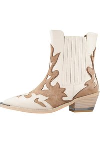 Botas de cowboy blancas con diseños de corte en gamuza marrón, punta afilada, tacón apilado y panel ribeteado vertical a los lados.