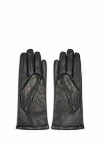 Czarne rękawiczki skórzane o gładkiej fakturze, z pięcioma palcami i dopasowanym nadgarstkiem. Projekt jest prosty, bez widocznych elementów metalowych czy wzorów.