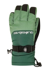 Zaļas un melnas ziemas cimdus ar regulējamu plaukstas siksnu un melniem gripu spilventiņiem uz pirkstiem, kas paredzēti aukstiem laika apstākļiem.