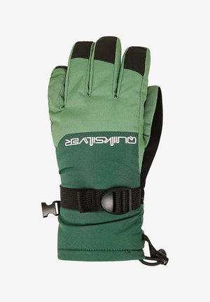 Zöld és fekete téli kesztyű állítható csuklópánttal és fekete tapadós foltokkal az ujjakon, hideg időjárási használatra tervezve.