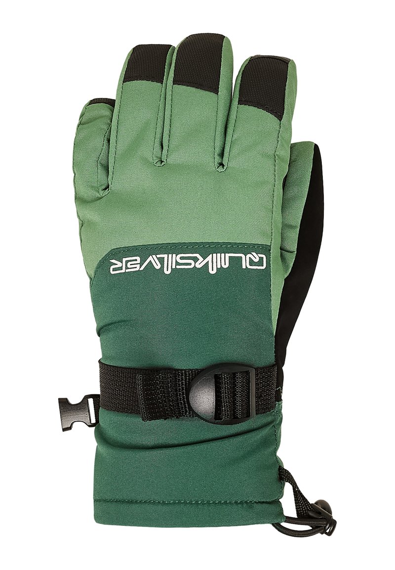 Zaļas un melnas ziemas cimdus ar regulējamu plaukstas siksnu un melniem gripu spilventiņiem uz pirkstiem, kas paredzēti aukstiem laika apstākļiem.