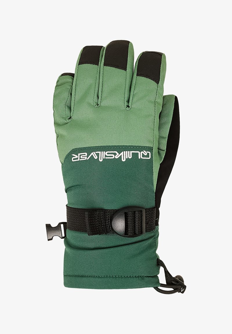 Zelena i crna zimska rukavica s podesivim zapešćem i crnim trakama za prijanjanje na prstima, dizajnirana za korištenje u hladnom vremenu.