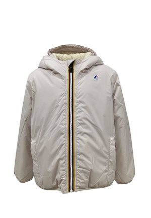 Giacca beige con cappuccio, chiusura con zip frontale, foderata in pile all'interno del cappuccio, tasche laterali e piccolo logo K-Way sul petto.