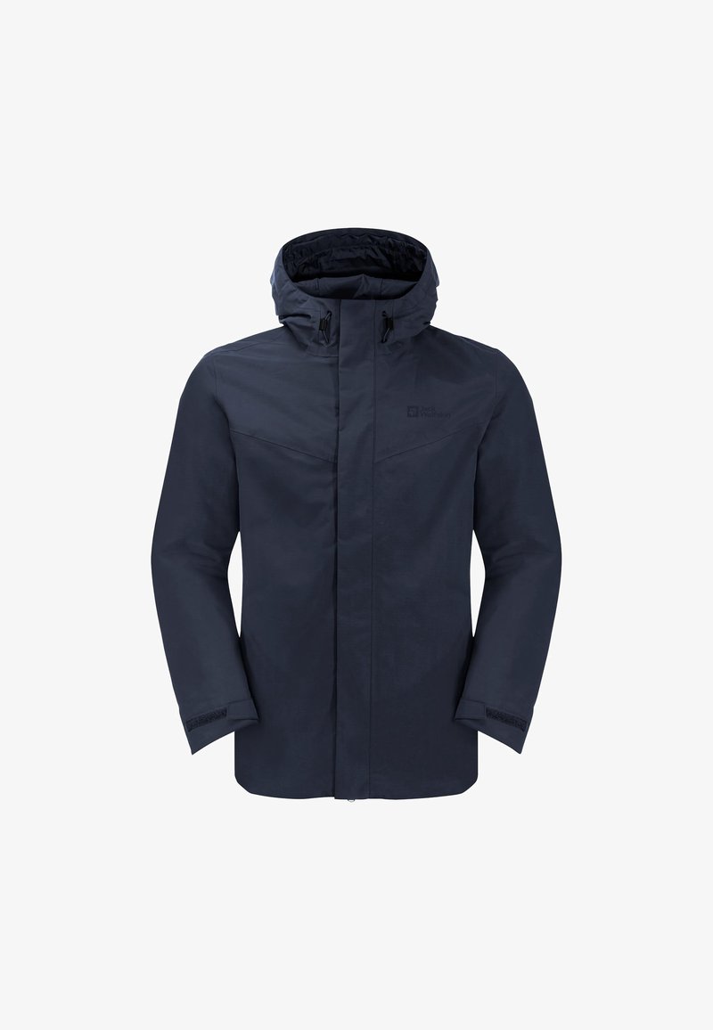 Marinblå, vattentät jacka med huva, dragkedja fram och justerbara ärmslut. Tillverkad av slät, hållbar tyg med en minimalistisk design.