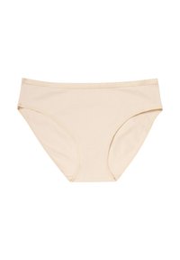 Culotte de bikini en coton pour femmes, couleur beige, avec un design simple et une taille élastique sur fond blanc.