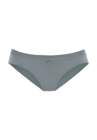 Gaiši pelēki kokvilnas maisījuma bikini apakšbikses ar gludu jostu, smalku tekstūru un mazu dekoratīvu lentīti centrā.