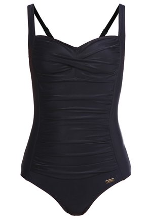 Costume intero nero con texture arricciata, spalline regolabili e dettagli in oro. Il tessuto liscio offre una vestibilità su misura.