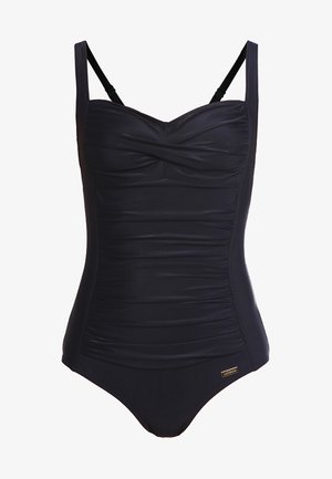 Costume intero nero con texture arricciata, spalline regolabili e dettagli in oro. Il tessuto liscio offre una vestibilità su misura.