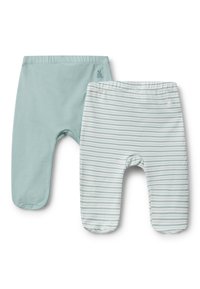 Dva páry dětských kalhot: jedny jednobarevné světle modré, jedny pruhované světle modrou a bílou, s elastickým pasem a detailem loga ananasu.