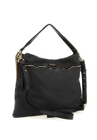 Borsa a tracolla in pelle nera con un design morbido, dotata di una cerniera dorata, tracolla regolabile e sottili dettagli testurizzati.