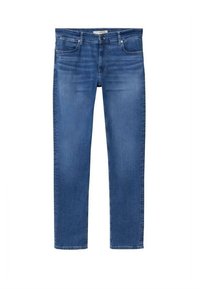 Jean bleu en denim avec poches avant, passants de ceinture, fermeture à bouton et jambes droites et ajustées, présenté à plat sur fond blanc.