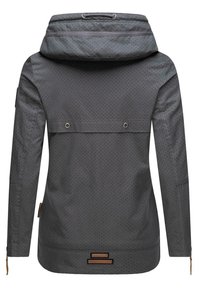 Gray waterproof jacket with a hood, featuring a dotted texture, zippered pockets, and brown accents at the hem and sleeve ends.