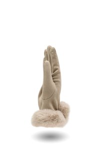 Guanto in suede beige con morbida pelliccia soffice attorno al polso, mostrato in posizione verticale su sfondo bianco.