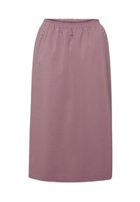 Mauve knielanger Rock mit elastischem Bund, ausgestattet mit zwei seitlichen Reißverschlusstaschen und einer glatten Textur. Einfaches, gerades Schnittdesign.
