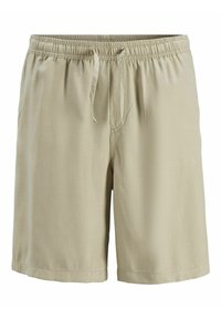 Shorts légers beiges avec un waistband élastique et un cordon de serrage. Texture lisse, coupe droite et sans poches ni détails visibles.